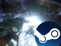 Stellaris is free to play on Steam until May 12, after which it will be available at a 75% discount. Pictured - Steam logo over a blurred game screenshot. (Image source: Steam)