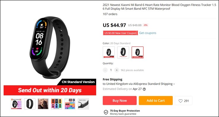 Xiaomi Mi Band 6 China version. (Image source: AliExpress)