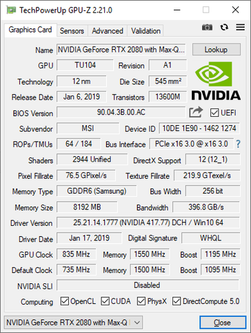 MSI GS65 9SG GPU-Z