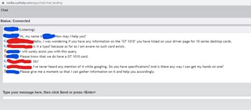 NVIDIA customer care response to GT 1010 availability. (Source: Dapz on YouTube)