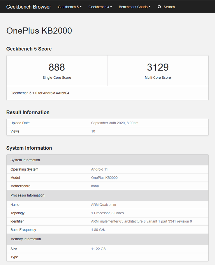 The "12GB OnePlus 8T" on Geekbench 5. (Source: Geekbench)