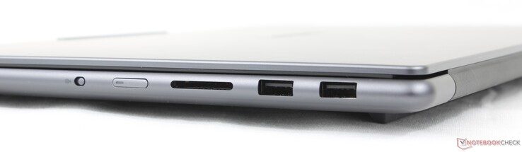 Right: Camera kill switch, Power button, SD card reader, 2x USB-A (10 Gbps)