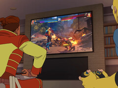 Superheroes Invincible and Rex Splode playing their corresponding characters in the upcoming Invincible VS fighting game.