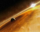 An artist's illustration showing a star and a planet.