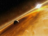 An artist's illustration showing a star and a planet.