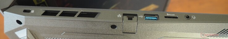 Left: Kensington Lock, RJ-45 LAN, USB 3 Type-A, microSD, 3.5 mm combo audio jack