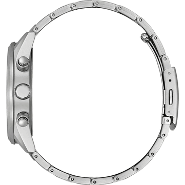 Side view of the Citizen World Chronograph A.T. AT8260-85X showing its stainless steel case, crown, two chronograph pushers, and bracelet.