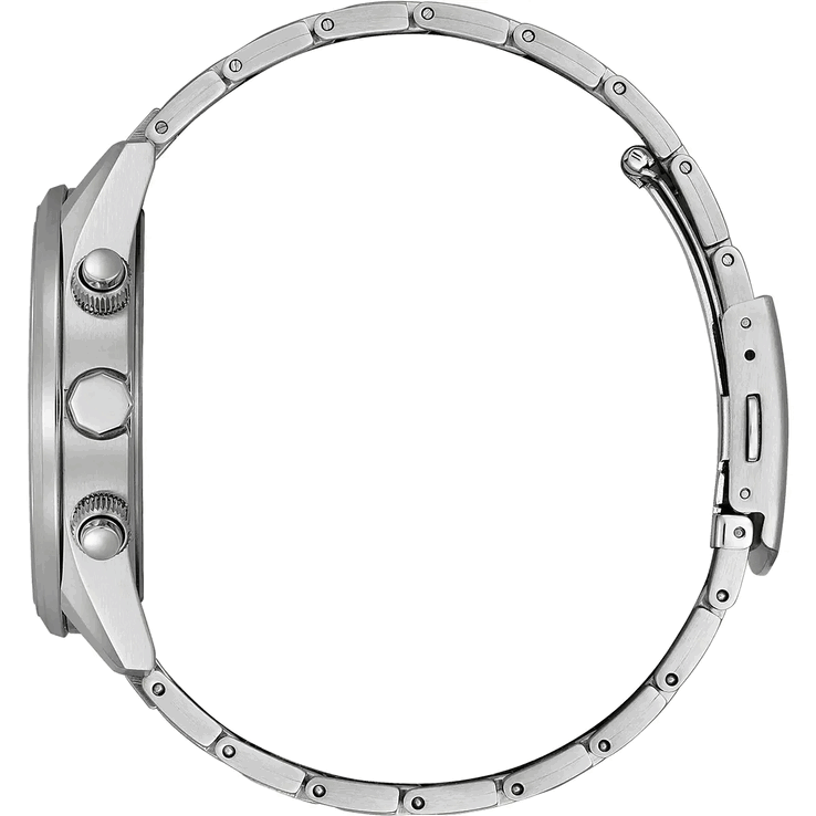 Side view of the Citizen World Chronograph A.T. AT8260-85X showing its stainless steel case, crown, two chronograph pushers, and bracelet.