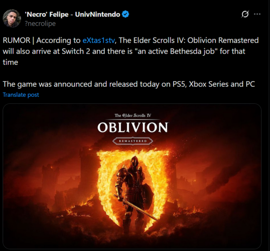 The Elder Scrolls IV: Oblivion Remastered Switch 2 leak from eXtas1stv (Image source: screenshot, 'Necro' Felipe #UnivNintendo X account)