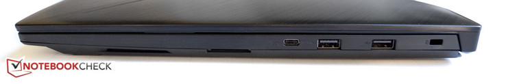 Right: SD Card Reader, Type-C USB 3.1 (Gen1), 2x USB 3.0, Kensington Lock