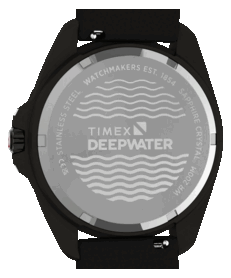 Close-up of the Timex Deepwater Arctic 200 caseback, featuring the Deepwater logo and wave motif.