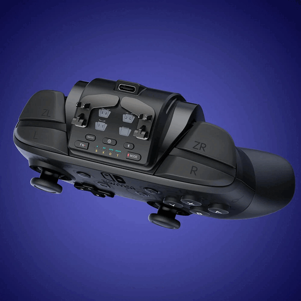 The Voidjoy Elite Extender attaches to a Nintendo Switch Pro Controller via a USB-C connector.