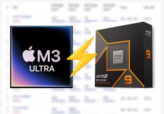 Apple&#039;s M3 Ultra appears on Cinebench 2024, leads the Ryzen 9 9950X CPU by around 25%. (Image source: Apple, AMD, edited)