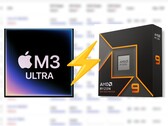 Apple's M3 Ultra appears on Cinebench 2024, leads the Ryzen 9 9950X CPU by around 25%. (Image source: Apple, AMD, edited)