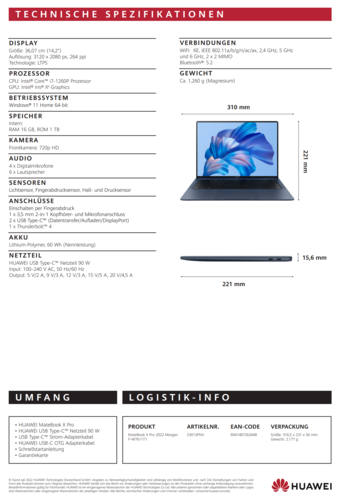 Huawei MateBook X Pro - Specifications. (Image Source: Huawei)