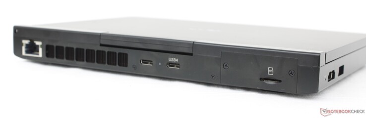 Rear: RJ-45 (2.5 Gbps), USB-C 3.2 Gen. 2 (10 Gbps) w/ DisplayPort + Power Delivery, USB-C 4.0 (40 Gbps) w/ DisplayPort + Power Delivery, MicroSD reader