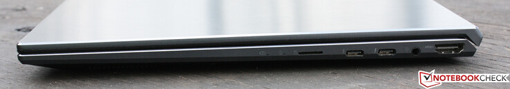 Right: MicroSD card reader, 2 x Thunderbolt 4 (USB-C 3.2 Gen 2x2), 3.5mm combo audio jack, HDMI 2.0b