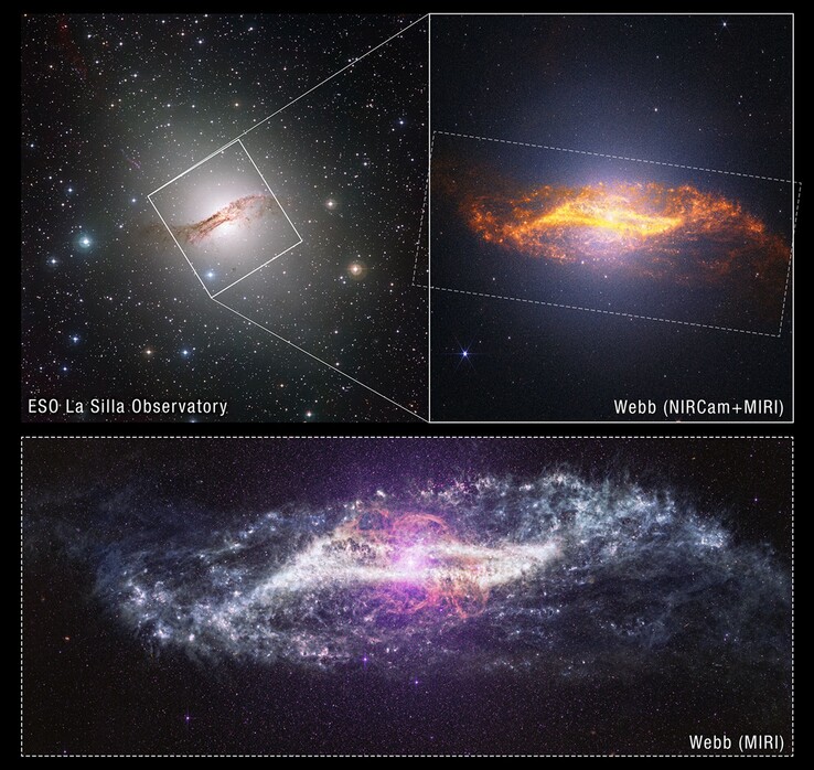 An image showing the Centaurus A galaxy using different instruments.