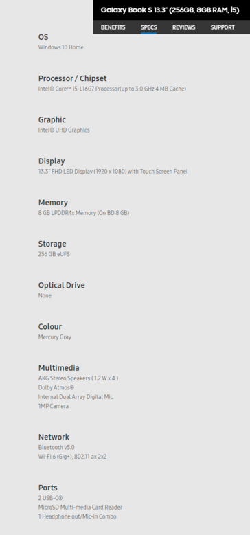 Samsung Galaxy Book S - Specifications. (Source: Samsung)