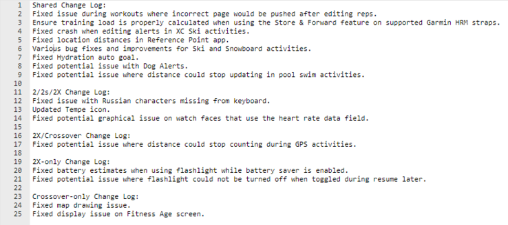 The combined change log for System Software 15.08. (Image source: Garmin)