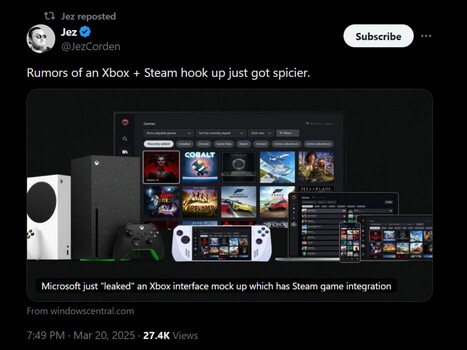 Jez Corden Steam on Xbox App X post (Image source: screenshot, Jez Corden X account)