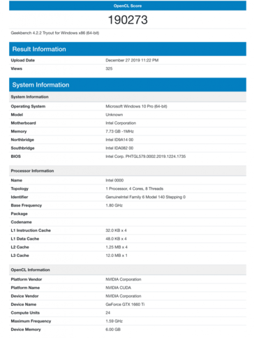 Geekbench 4 OpenCL result of a Tiger Lake-U and GTX 1660 Ti combination. (Image Source: Hardware Leaks)