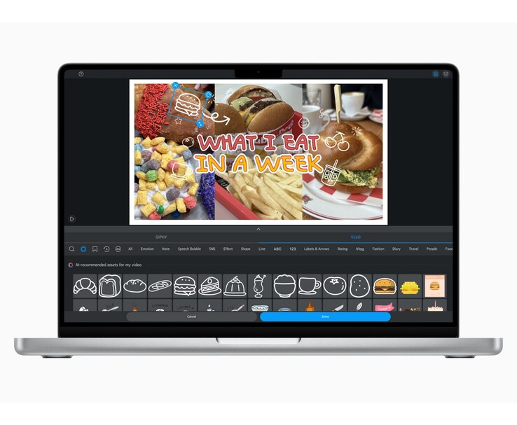 MacBook showing VLLO app with AI-suggested stickers for a food vlog. (Image source: Apple Newsroom)