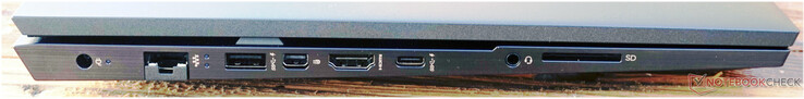 Left: power, 1 Gbit LAN, USB-A 3.0 (5 Gbit/s, HP Sleep and Charge), miniDP, HDMI, USB-C (10 Gbit/s, PD, DP), headset, SD card slot
