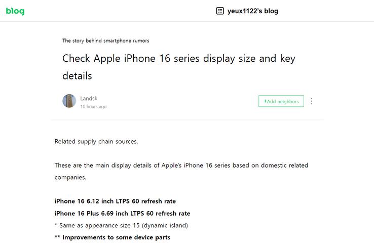 The latest "iPhone 16-series display specs" blog post (translated). (Source: Naver)