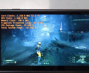 Returnal running on GPD Win 5 with AMD Ryzen AI Max+ 395, showing 86 FPS performance benchmark at 42W system power. (Image source: The Phawx via YouTube)