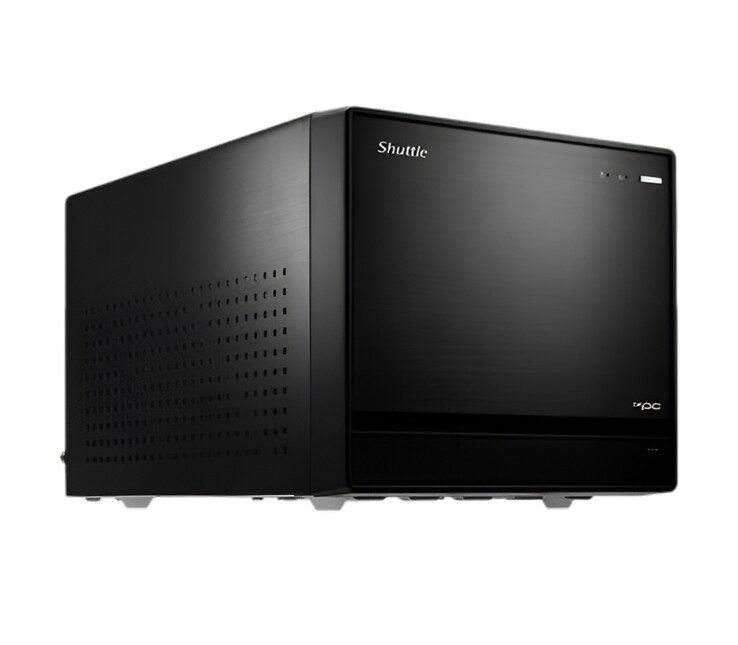 This image shows yet another front-facing view of the Shuttle XPC Cube SFF PC that looks like a black rectangular box
