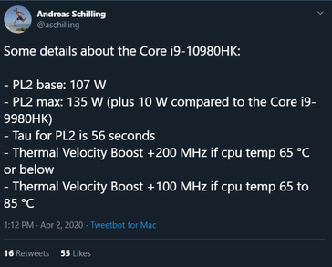 The 10980HK draws as much as 137W under load (Image source: @aschilling)