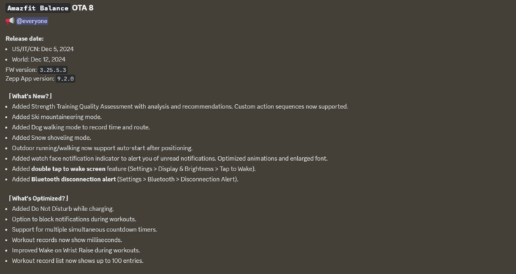 The change log for the Amazfit Balance OTA 8 update. (Image source: Zepp Health)