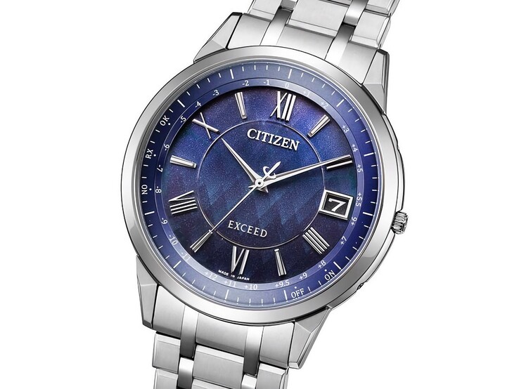 The Citizen Exceed “Morning in the Sacred Forest” Eco-Drive watch features a deep blue dial with a subtle forest-inspired pattern, glittering accents, silver-tone hands and hour markers, and a date display at 3 o’clock.
