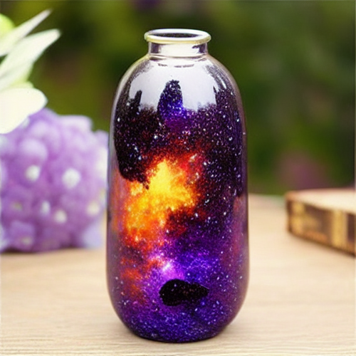 An example image output of an AI-generated bottle with a galaxy inside it kept on a plain wooden table. (Image Source: AI Generated)