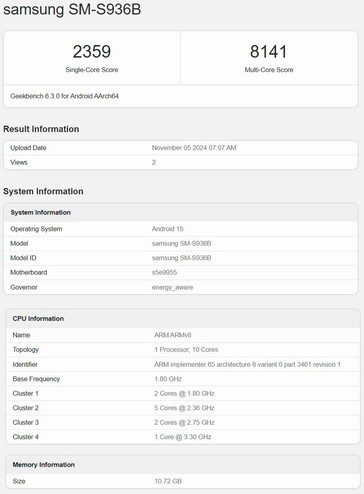 Exynos 2500 Geekbench listing with Galaxy S25+ prototype (image source: Geekbench)