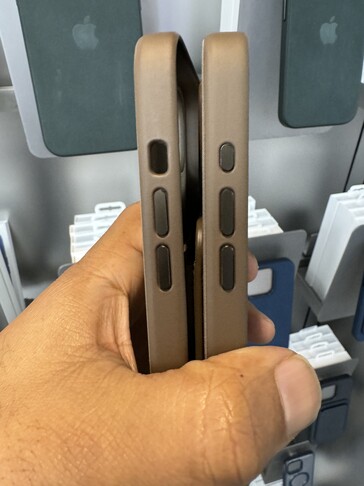 The official iPhone 15 Plus case, left (for mute switch), the iPhone 15 Pro Max case, right (for Action button). (Source: Notebookcheck)