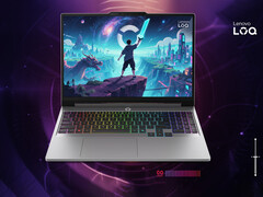 The LOQ 15APH11 can be equipped with up to the Core Ultra 7 365H and RTX 5060. Pictured: a promo picture with the front of the laptop. (Image source: Lenovo - edited)