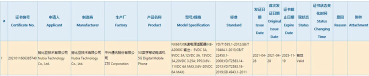 Nubia's latest premium device undergoes 3C testing. (Source: 3C via GizmoChina)
