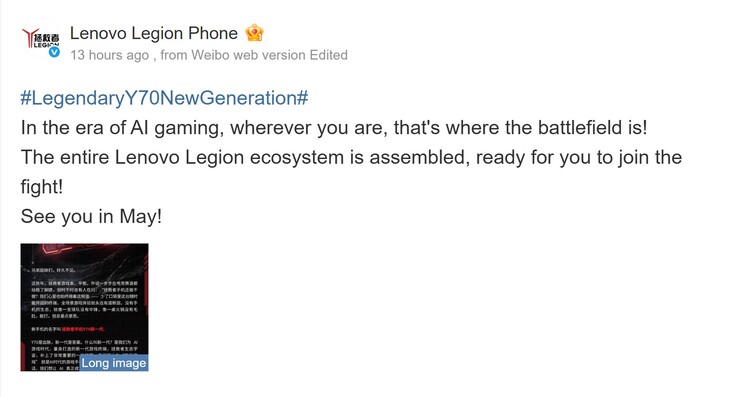 Lenovo teases a May 2026 launch for the gaming phone (machine translated)