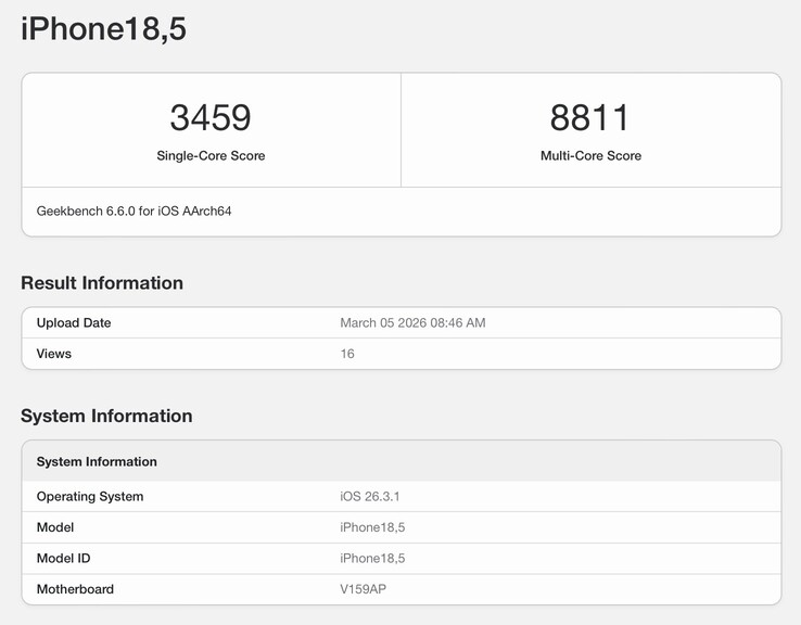 The leaked Geekbench listing for the iPhone 17e.