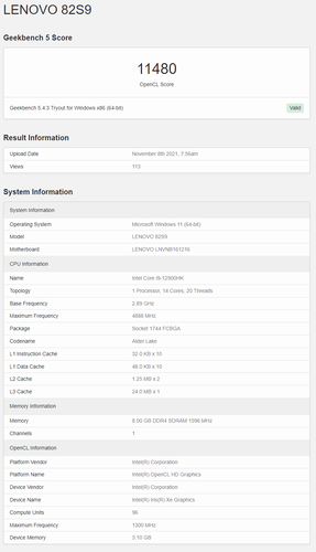 Intel Alder Lake-P Core i9-12900HK Geekbench OpenCL. (Source: Geekbench)