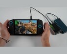 Lenovo Legion Go 2 handheld gaming PC running God of War: Ragnarok, paired with an Adlink Pocket AI GPU enclosure and power bank in a fully portable battery-powered setup. (Image source: ETA Prime via YouTube)
