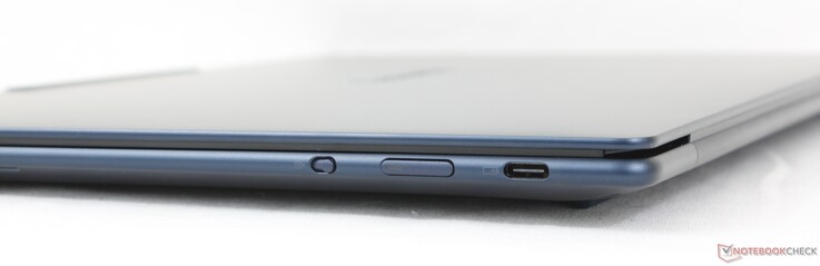 Right: Electronic webcam shutter, Power button, USB-C 4.0 w/ DisplayPort 1.4 + Power Delivery