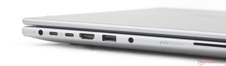 Left: AC power adapter, 2x USB-C Thunderbolt 4 w/ DisplayPort 2.1 + Power Delivery (40 Gbps), HDMI 2.1, USB-A (5 Gbps), 3.5 mm combo audio, Smartcard reader (optional)