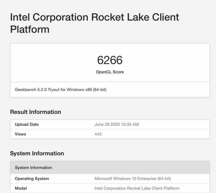 The Rocket Lake CPU’s OpenCL score (Image source: GeekBench via @TUM_APISAK)