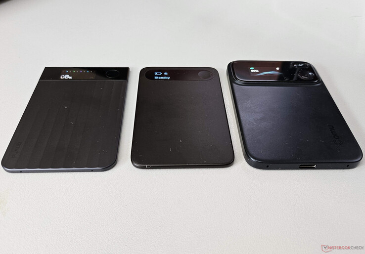Compared to its predecessor, the Plaud Note Pro on the left, and the Comulytic Note Pro in the center, the Comu Action Pro on the right is twice as thick.