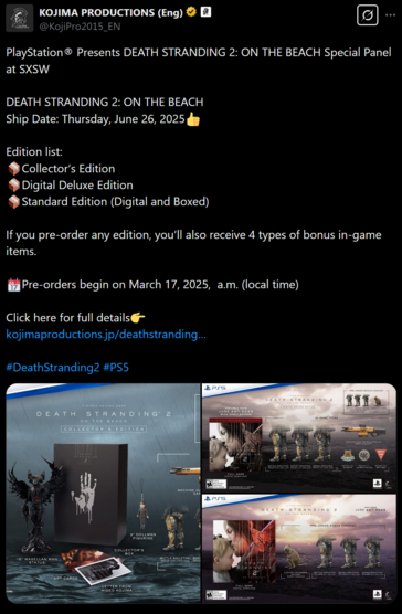 Death Stranding 2 announcement X post (Image source: Kojima Productions X account)