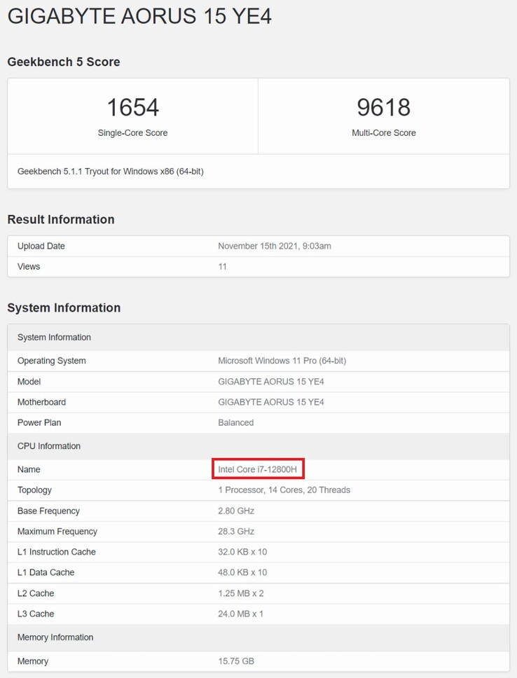 Intel Core i7-12800H. (Image source: Geekbench)