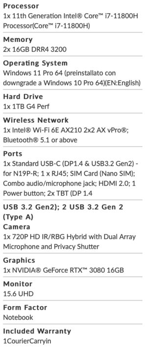 Spec sheet of the ThinkPad T15g model 20YS005NUS (Source: Lenovo)
